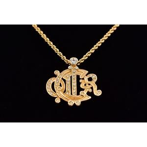 Christian Dior Vintage Crystal Insignia Logo Necklace Script Monogram 80s Bin1